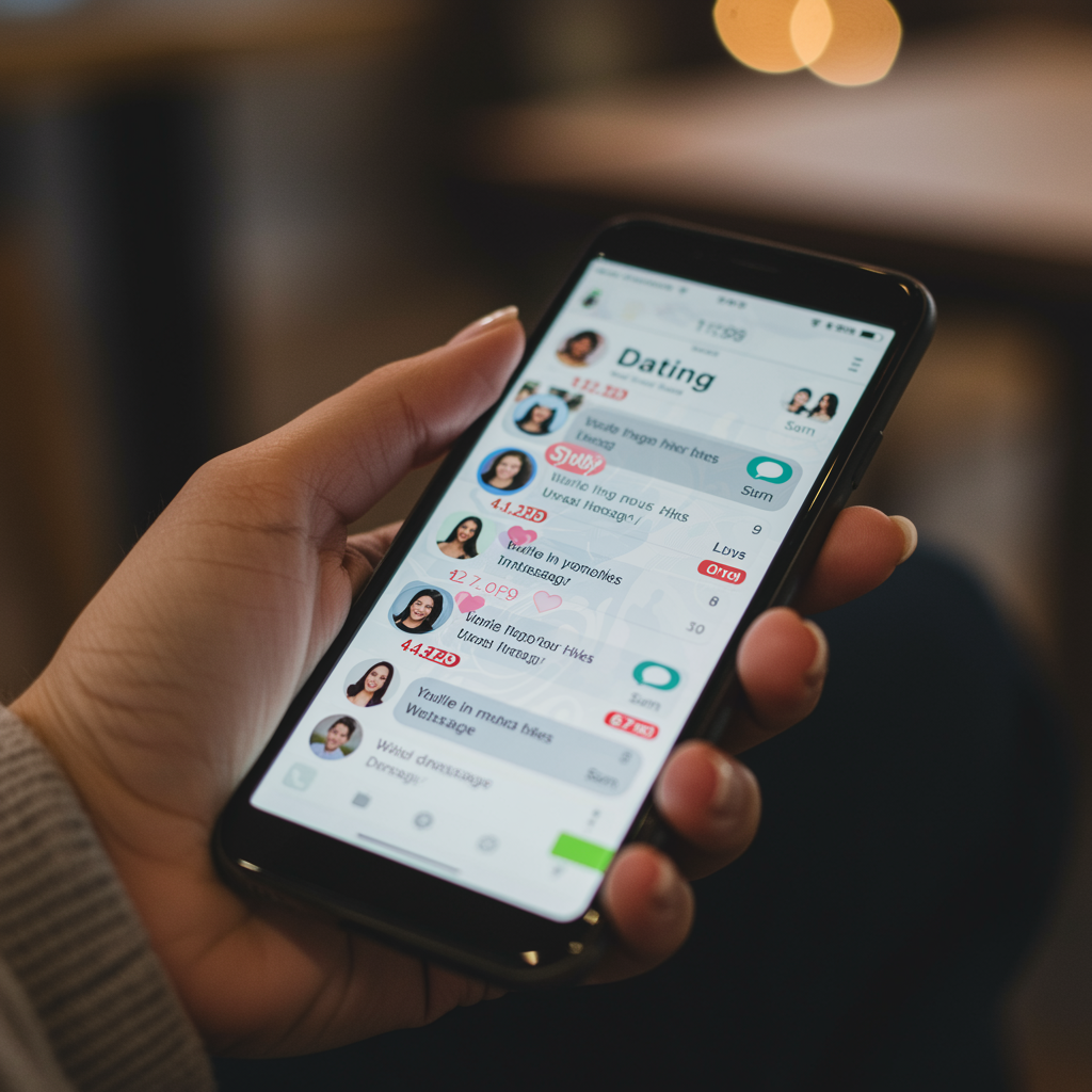 Woman scrolling through dating app messages
